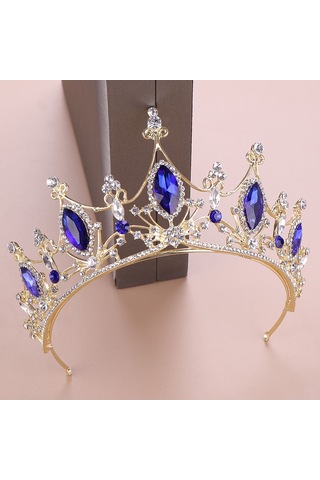 Barok Taç Mavi Kristal Gelin Tiaras Taç Vintage Altın Saç Aksesuarları Düğün Rhinestone Diadem Pageant Taç Çok Renkli