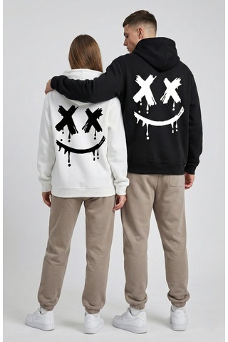 Nevermind Unisex Smile Baskılı Sevgili Kombini Oversize Hoodie Seti Siyah - Beyaz