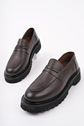 Muggo Paradise Hakiki Deri Kalın Taban Günlük Casual Makosen Kadın Loafer Ayakkabı Kahverengi