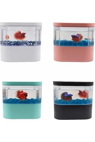 Xuweiwei Led Işıklı Dahili Su Pompası Mini Masaüstü Akvaryum Camgöbeği Beyaz Pembe Siyah Turkuaz Reçine Balık Tankı Ev Dekoru