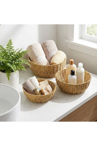 Ams Net 3 Lü Plastik Rattan Çanak Seti - Hasır Görünümlü İç İçe Geçebilen Sunum Ve Düzenleme Kaseleri, Mutfak & Masaüstü Çok Amaçlı Organizer Ahşap