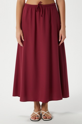 Kadın Seaside Bordo Astarlı Bel Lastikli Cepli Dokuma Uzun Etek Bordo