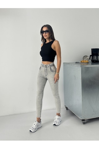 Kadın Kemer Büzgülü Power Dar Paça Kot Pantolon Gri