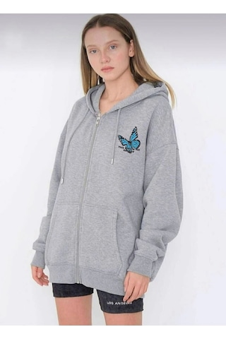 Altamira Unisex Siyah Kelebek Sırt Baskılı Ince Mevsimlik Kapşonlu Oversize Hırka 001