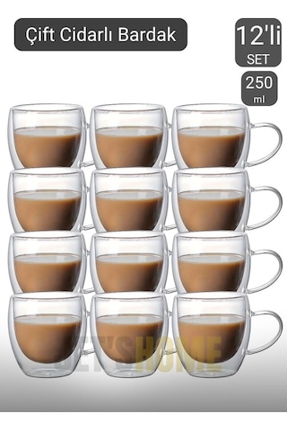 12 Li Set Kulplu Cappuccino Bardağı Latte Bardağı Çift Cidarlı Americano Bardağı 250 Ml Kahve Bardak Şeffaf