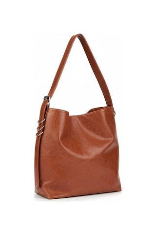 Glemix Shine Taba Yan Metal Detaylı Kırışık Desen Shopper Omuz Çantası Taba Kırışık Desen