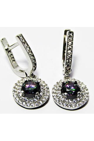 Lilahgümüştr Gümüş Mistik Topaz Taşlı Yuvarlak Kadın Kolye Küpe