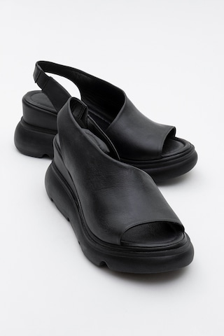 Luvishoes Agusto Siyah Cilt Hakiki Deri Kadın Dolgu Topuk Sandalet Siyah Deri