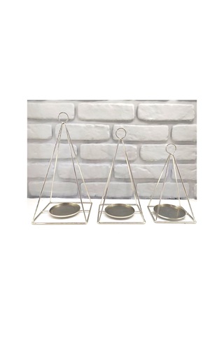 Gold / Gümüş Kaplama Dekoratif Modern Piramit Dizayn 3lü Mumluk Gold