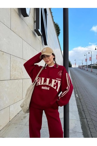 Assema Kadın Üç İplik Pamuklu Yakalı Sweat Baggy Pantalonlu Takım - Bordo Çok Renkli