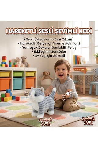 Sevimli Kedi Kumandalı Sesli Miyavlıyan Dil Çıkaran 5 Fonksiyonlu Oyuncak Peluş Hayvan Beyaz Gri Çok Renkli