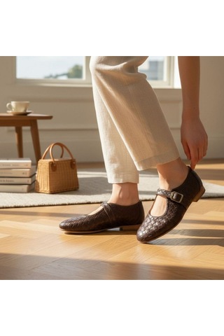 Ne&ve Shoes Kahve Hakiki Deri Örgü Detaylı Tokalı Kaddın Yuvarlak Burun Babet Kahverengi