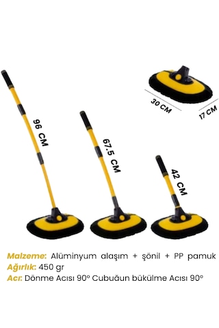 Fayans Yer Silme Mopu Teleskopik Kilit Sistemli Uzayıp Kısalan Makarn Mop Yer Silme Paspası Yer Silme Duvar Silme Mopu Premium Ultra Yumuşak Emici Havku Makarna Cam Silme Mopu Sarı - Siyah