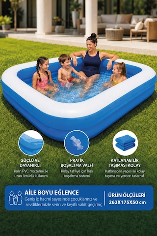 Walke Şişme Aile Havuzu 262x175x51 Cm Büyük Boy Dikdörtgen Bahçe Havuzu 14107 Mavi Walke Şişme Aile Havuzu 262x175x51 Cm Büyük Boy Dikdörtgen Bahçe Havuzu 14107 Mavi