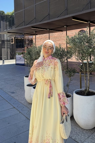 Riella Butik Çiçek Desenli Tesettür Elbise Sarı