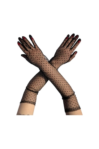 Uzun Boy Siyah Puantiyeli Siyah Renk Yetişkin Tül Eldiven 55 Cm Çok Renkli