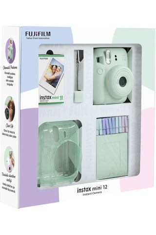 Fujifilm Instax Mini 12 Fotoğraf Makinesi + 10'lu Film + Simli Pleksi Kılıf + Mandal + Kıskaçlı Resim Standı Yeşil