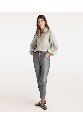 Yargıcı Kesik Detaylı Yüksek Bel Düz Kesim Pantolon Gümüş