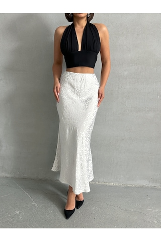 Kadın Leopar Desenli Uzun Saten Etek Beyaz