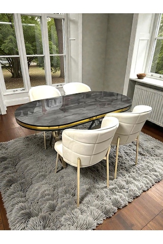 Msy Home 4 Kişilik Serya İroni Oval Masa Gold Ayak Yönsüz Kumaş Modern Ve Şık Yemek Odası Takımı Bej