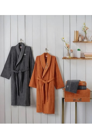 Cottonbox Folk Art Aile Bornoz Seti Dalila Tarçın-antrasit Antrasit