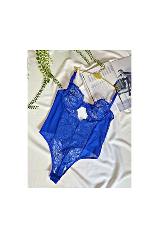La Linaa Elanor Mavi Çıtçıtlı Dantelli Transparan Balenli Bodysuit Lacivert - 699340148 Lacivert
