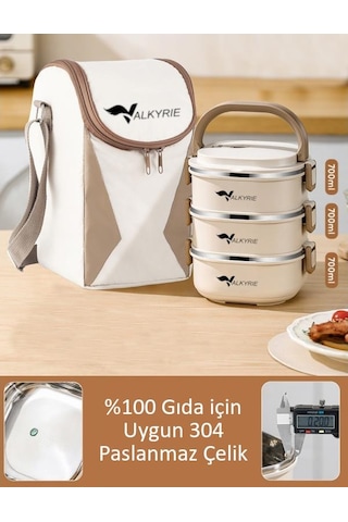 Valkyrie 3 Katlı Yemek Kabı 2100 Ml Termal Çantalı Lunch Box, 304 Paslanmaz Çelik, Bpa İçermez Krem
