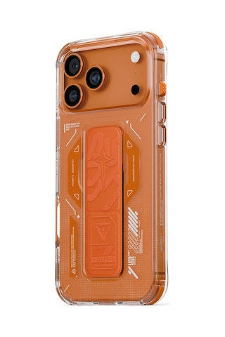 Apple Uyumlu iPhone 17 Pro Kılıf M-safe Teknoloji Desenli Skinarma Helio Mag Charge Standlı Kapak Turuncu Turuncu
