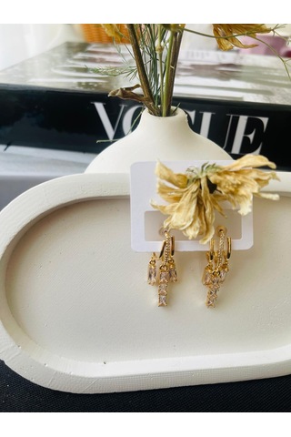 3 Lü Model Zirkon Taşlı Çelik Küpe Altın