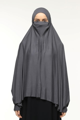 Kollu Sufle Çarşaf Üstü Peçeli Pratik Tesettür Hijab - Nikaplı Namaz Örtüsü Füme