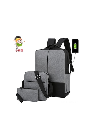 Suofeng Erkek Üniversite Öğrencisi İş Çantası 15.6" Laptop Bölmeli Çok Fonksiyonlu Gri 3'lü Set Sırt Çantası Gri