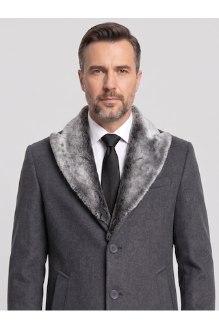 Plus Scorpion Erkek Uzun Kaşe Kaban Çıkartılabilir Kürk Yaka, Astarlı Ve Cepli Slim Fit Mont Antrasit