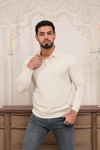 Woolen World Polo Yaka Slimfit Desenli Yünlü Erkek Triko Kazak Krem