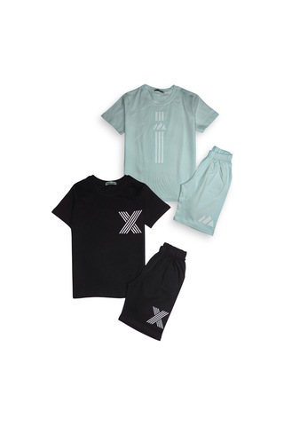 Minik Motion 2'li Set Kısa Kollu Tshirt Ve Şortlu Çocuk Minikmotion Alt Üst Takım Siyah-su Yeşili