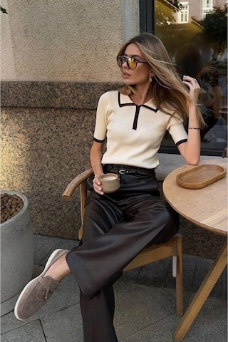 De Pose Ekru Kısa Kollu Premium Polo Yaka Fermuarlı Triko Kadın T-shirt Krem