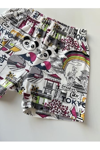 Key Kıds Pembe Panda Tokyo Desen Yazlık %100 Pamuk Şort Çok Renkli