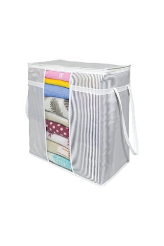Pencereli Saklama Çantası Çizgili Çok Amaçlı 50x45x30 Cm Gri-beyaz