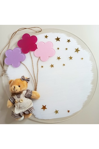 Kişiye Özel İsimli Ayıcıklı Kız Bebek Kapı Süsü Beyaz - Pembe