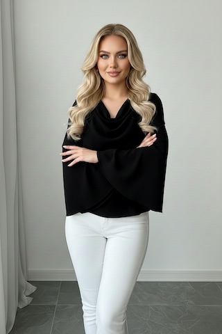 Khi-zai Kadın Degaje Yaka Şehirli Stil Bluz Siyah