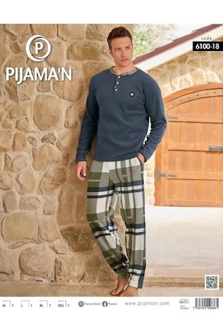 Pijamoni Erkek Düğme Yaka Kışlık Polar Pijama Takımı 6100/18 - 1 Adet İndigo