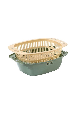 Konesam Çift Katlı Plastik Sebze Yıkama Sepeti - Su Süzme, Depolama Ve Taşınabilir Mutfak Aleti Asker Yeşili Yeşil