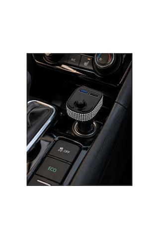 Araç İçi Kristal Gümüş Taşlı Fm Transmitter Bluetooth 2 Usb Oto Çakmaklık