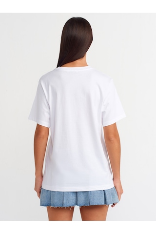 Dilvin Baskılı Bisiklet Yaka T-shirt Beyaz