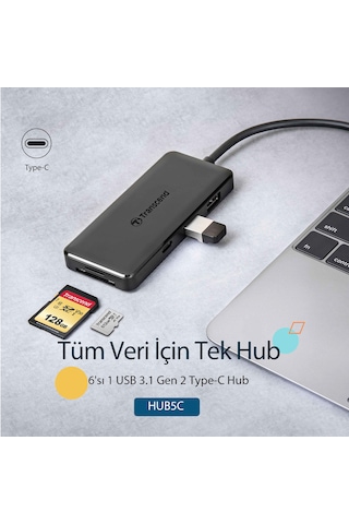 Transcend TS-HUB5C 2-Port Type-A,1-Port Type-C,1-Port PD,SD/MicroSD Gen 2 Type C HUB & Kart Okuyucu