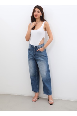 Kadın Yüksek Bel Skater Fit Jean Pantolon Mavi