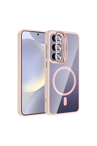 Galaxy Uyumlu S24 Plus Kılıf Standlı + Kamera Lens Koruma Setli M-safe Şarj Özellikli Mkst Pembe Pembe