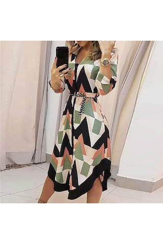 İlkbahar Ve Sonbahar Kadın Elbise Midi Baskılı Ekose Yaka Kravat Elbiseler Siyah & Beyaz Siyah - Beyaz