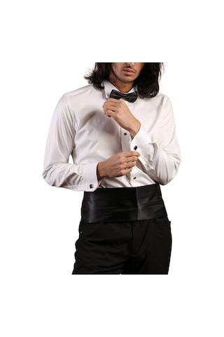 Dicotto Krem Yakma Desenli Siyah Taş Düğmeli Damatlık Ata Yaka Kol Düğmeli Slim Fit Smokin Gömlek - 023 001