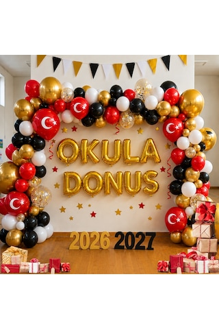 İlköğretim Haftası Konulu Okula Dönüş Gold Folyo Harfler Beyaz Kırmızı Siyah Gold Balonlar Okul Sınıf Pano Süsleme Çok Renkli