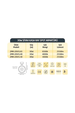 Zmr 30w Günışığı Siyah Kasa Led Led Ray Spot 3200k Gün Işığı